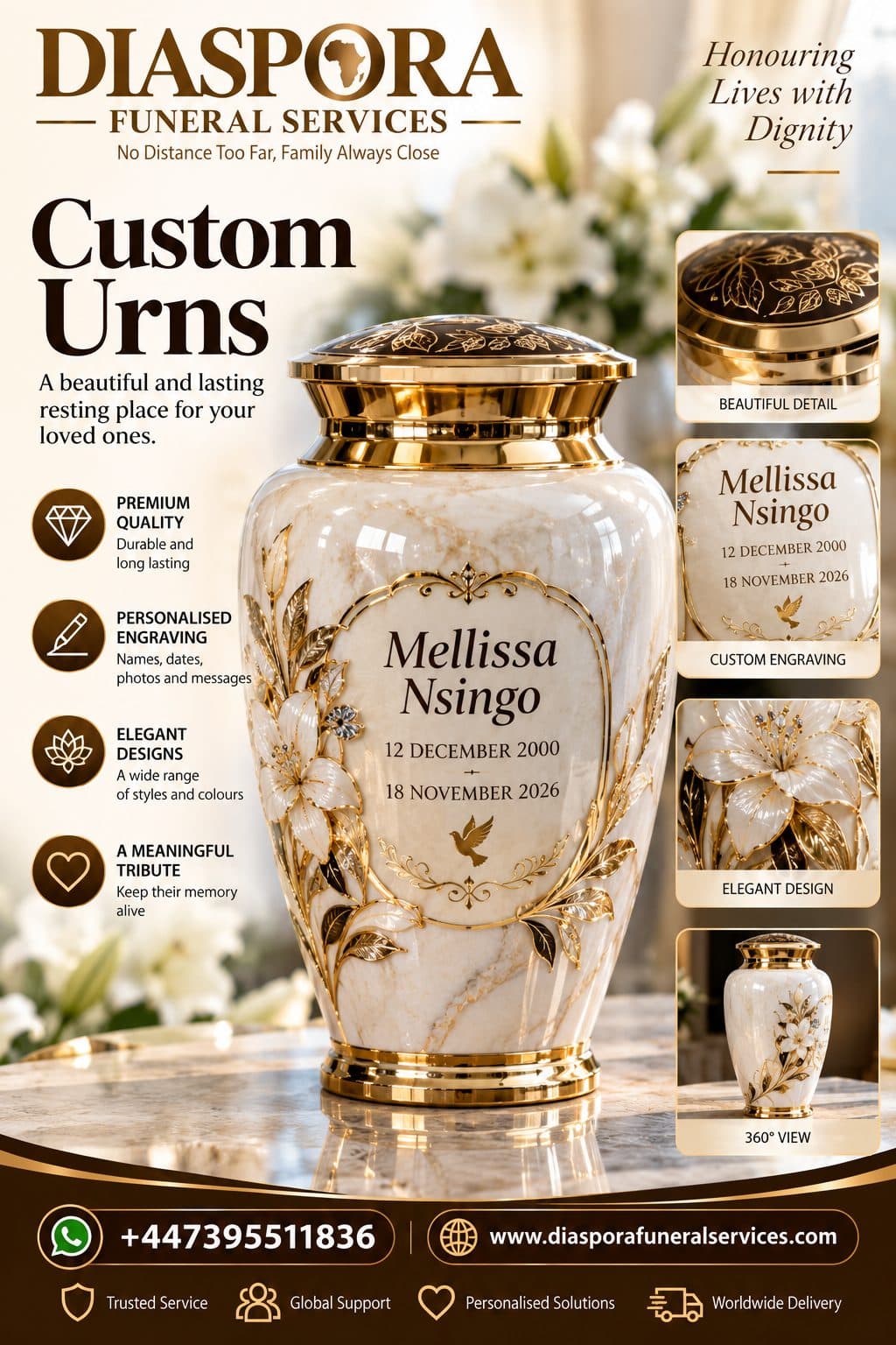 Custom urns — Diaspora Funeral Services brochure