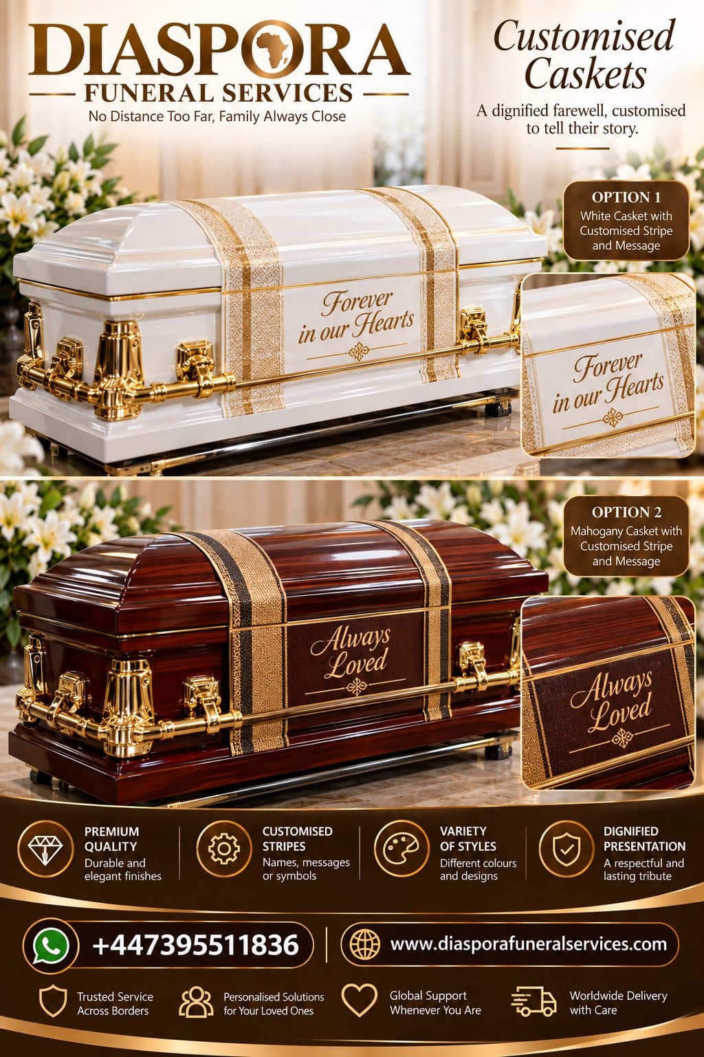 Customised caskets — Diaspora Funeral Services brochure