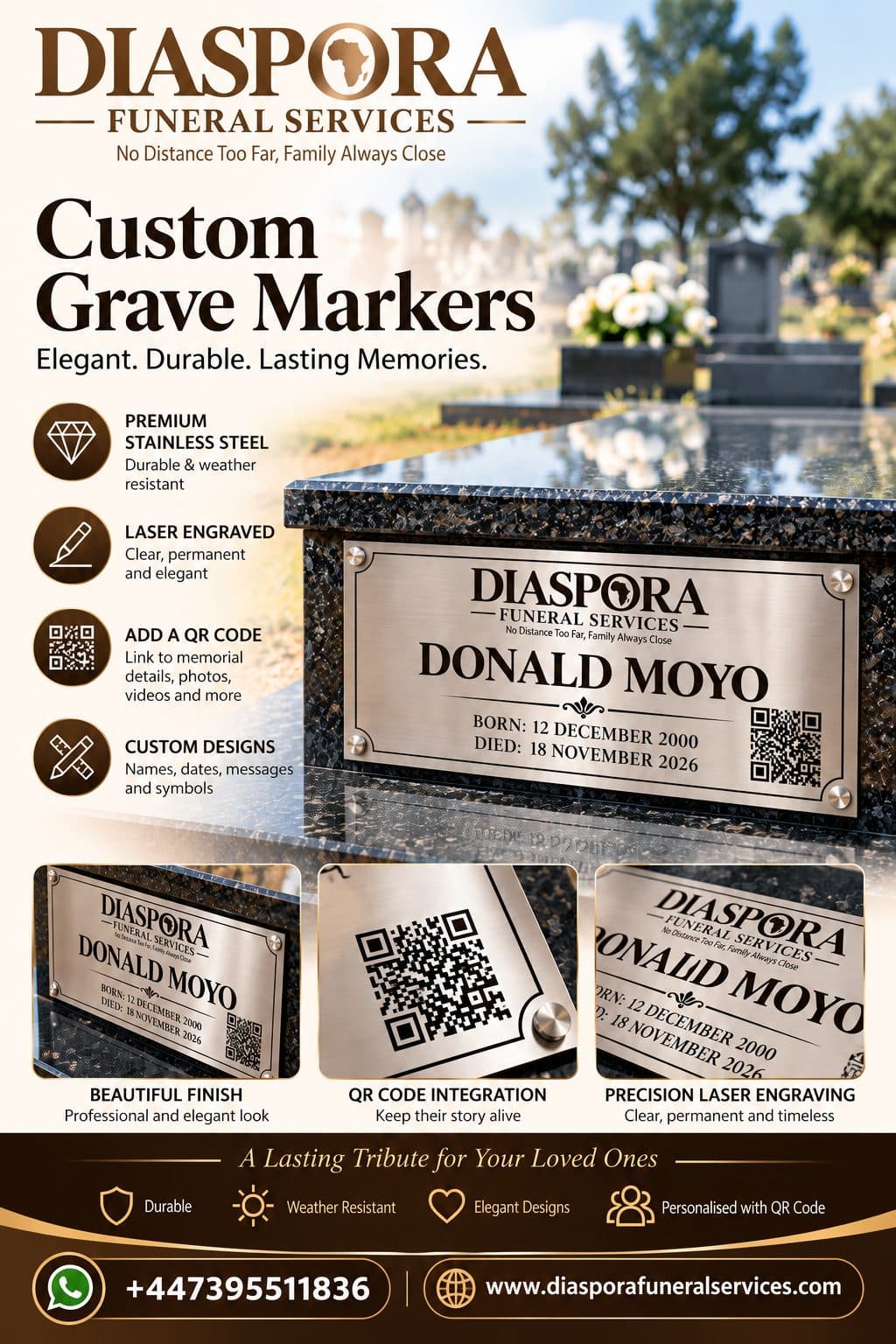 Custom grave markers — Diaspora Funeral Services brochure