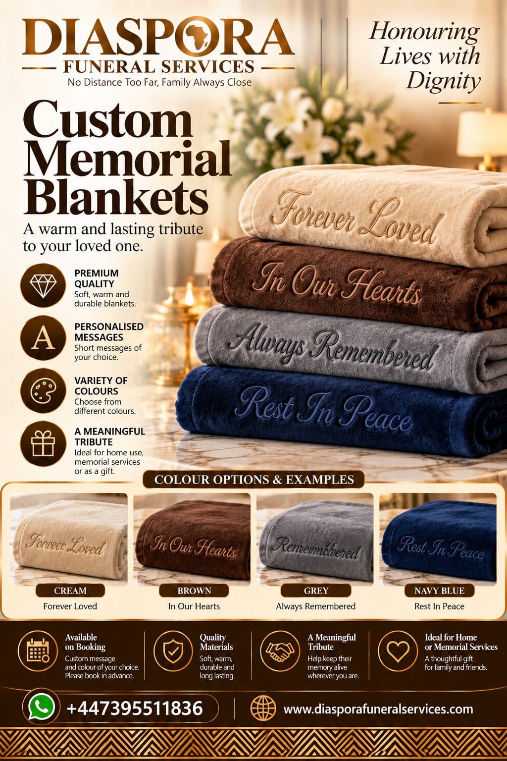Custom memorial blankets — Diaspora Funeral Services brochure