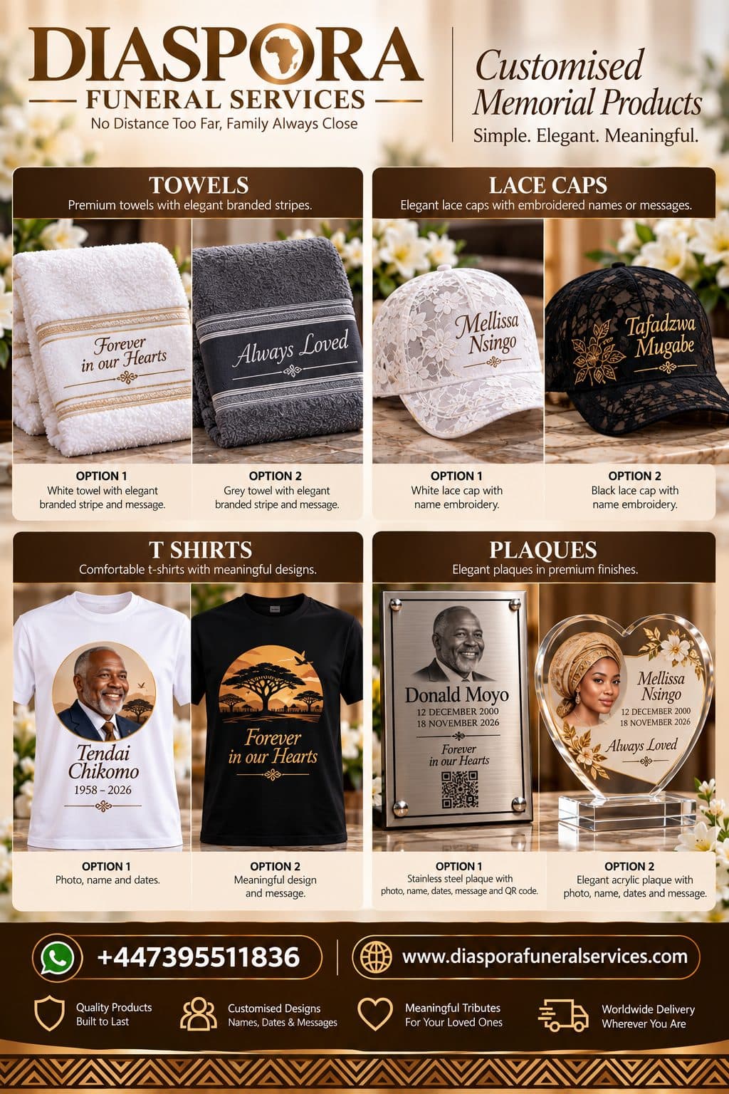 Customised memorial products — Diaspora Funeral Services brochure