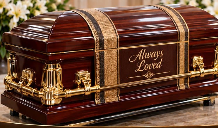 Mahogany casket with a customised stripe and message