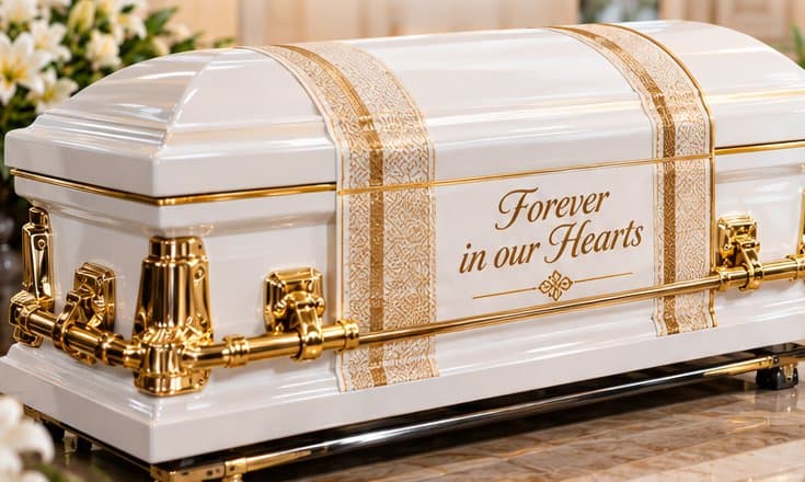 White casket with a customised stripe and message